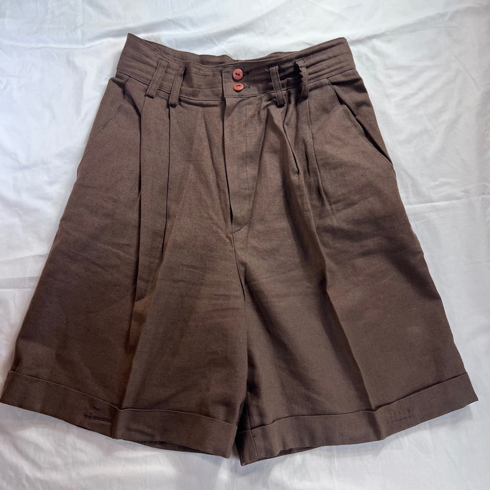 Vintage Cristina Brown Linen Blend High Waisted Pleated Cuffed Shorts USA Made